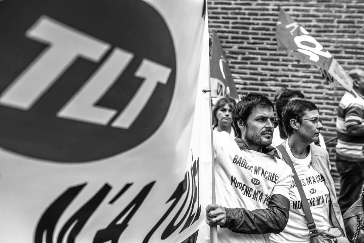 Employees of the first French local channel Télé Toulouse, TLT , demonstrated outside the town hall of Toulouse for the survival of the chain that will be placed in compulsory liquidation  July 3, 2015. Toulouse, FRANCE-19/06/15