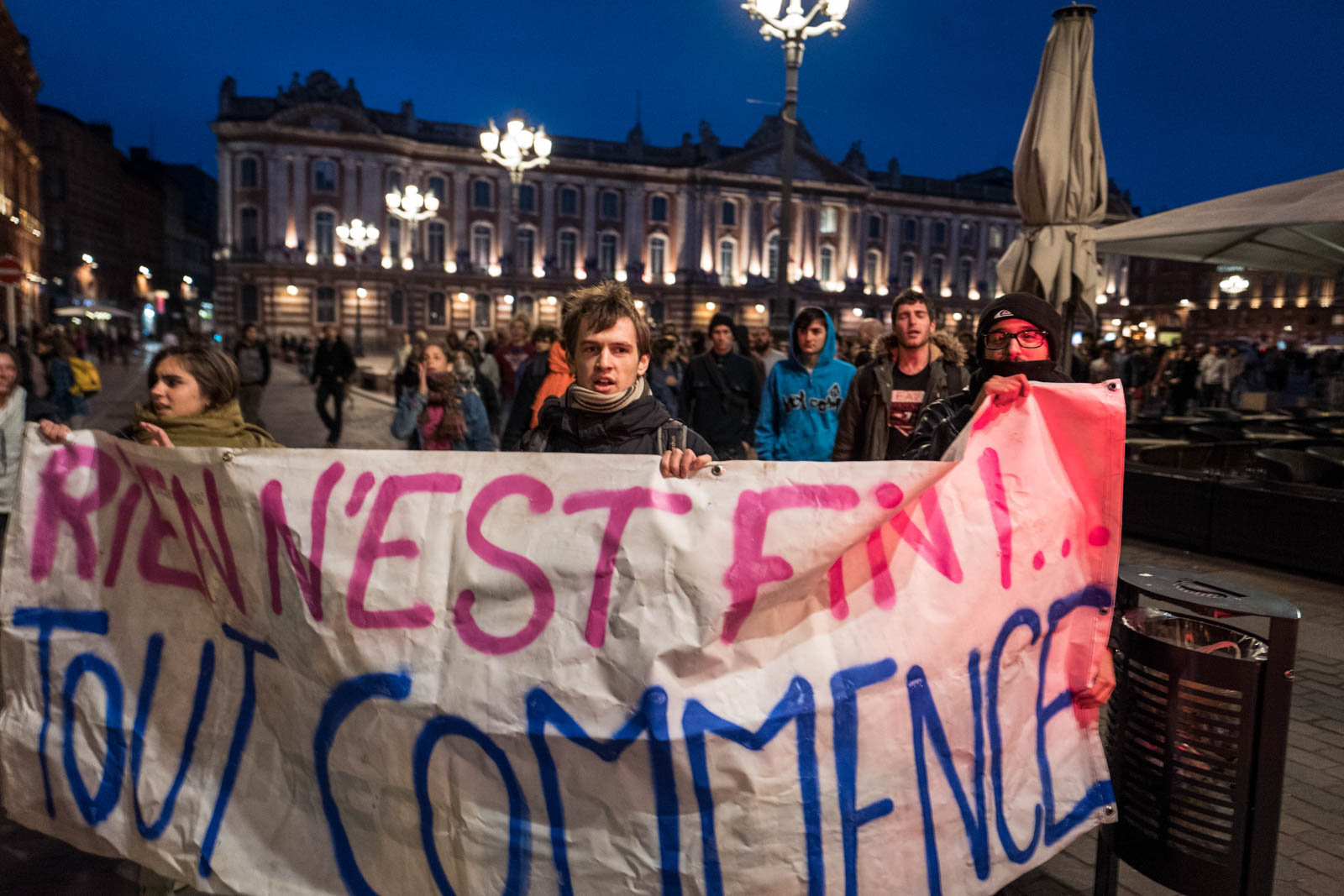 Participants at Night Stand movement clashed with police near the headquarters of the Socialist Party . This unauthorized demonstration began after the announcement of the use by the Socialist Prime Minister Manuel Valls to Article 49.3 of the Constitution to adopt the draft law on El- Khomri labor reforms without vote or debate in Parliament. 05.10.2016 , Toulouse, FRANCE.  Des participants de Nuit Debout   ont effectué une manifestation non autorisée après l'annonce de l'utilisation par le Premier ministre socialiste Manuel Valls de l'article 49.3 de la Constitution pour adopter le projet de loi El-Khomri sur les réformes du travail sans votes ni débat au Parlement. 10/05/2016, Toulouse-FRANCE.