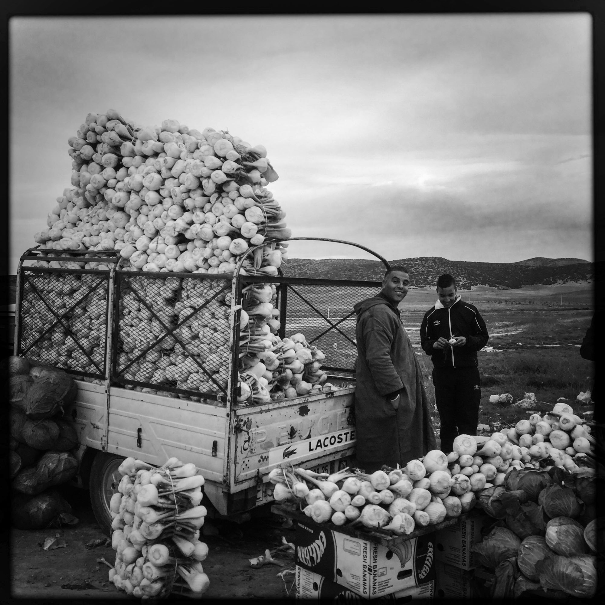 Sur la route entre Biskra et Constantine, les terres trés fertiles permettent à de nombreux paysans de vendre leurs récoltes sur le bord de la route. 9/02/2016, ALGERIE.